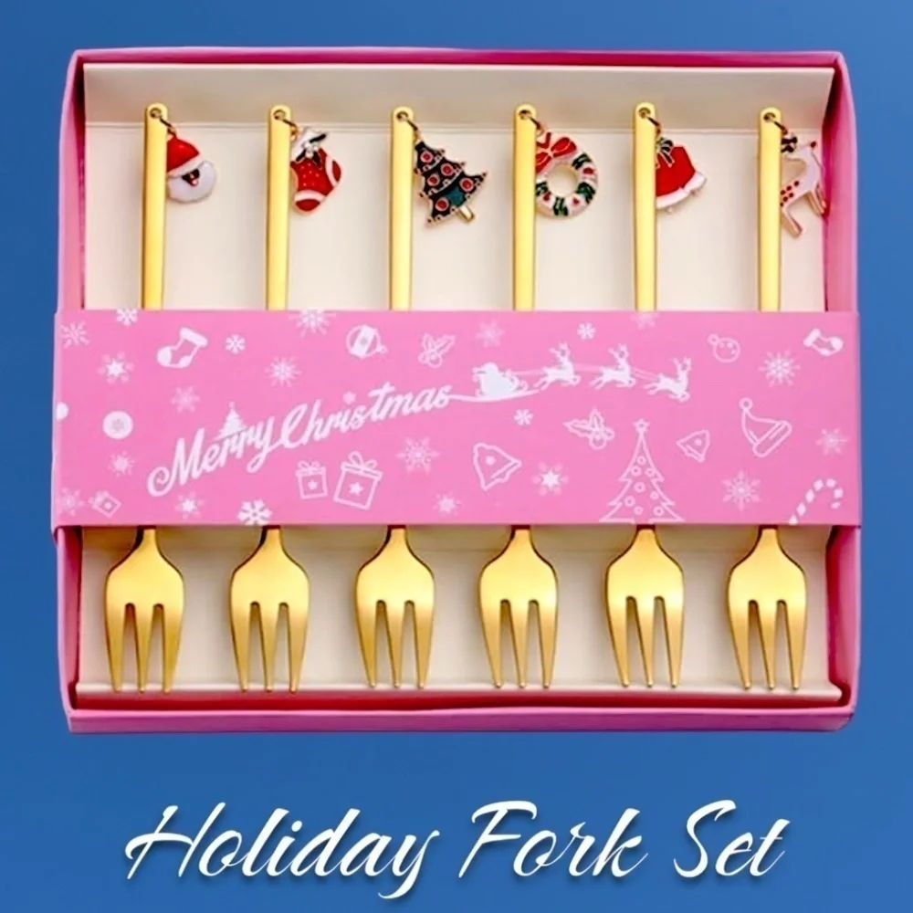 Set of 6 Gold-Plated Stainless Steel Christmas Theme Small Flatware Forks NWT